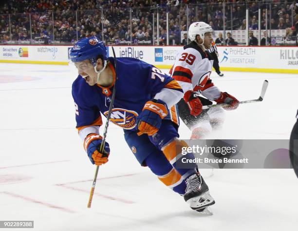 Anthony Beauvillier of the New York Islanders celebrates his goal at 10:44 of the second period against the New Jersey Devils at the Barclays Center...