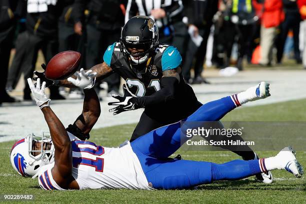 Cornerback A.J. Bouye of the Jacksonville Jaguars breaks up a pass intended for wide receiver Deonte Thompson of the Buffalo Bills in the second...
