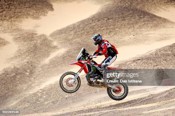 Ricky Brabec of the United States and HRC Honda Rally Team rides a CRF 450 Rally Honda bike in the Elite ASO during stage two of the 2018 Dakar...