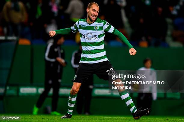 Sporting's Dutch forward Bas Dost celebrates after scoring a goal during the Portuguese League football match Sporting CP vs CS Maritimo at the...