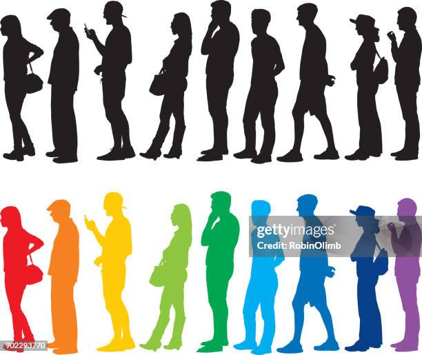 stockillustraties, clipart, cartoons en iconen met mensen staan in regel silhouetten - queue of people