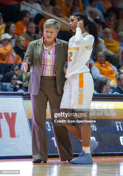 Tennessee Lady Volunteers head coach Holly Warlick talks to Tennessee Lady Volunteers guard Evina Westbrook during a game between the Vanderbilt...