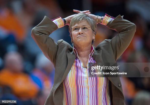 Tennessee Lady Volunteers head coach Holly Warlick reacts to a call during a game between the Vanderbilt Commodores and Tennessee Lady Volunteers on...