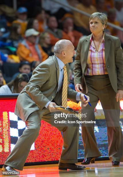 Tennessee Lady Volunteers assistant coach Dean Lockwood and Tennessee Lady Volunteers head coach Holly Warlick react during a game between the...