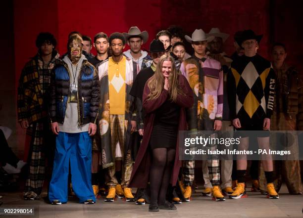 Fashion designer Astrid Andersen acknowledges the audience following the catwalk during the Astrid Andersen Autumn/ Winter 2018 London Fashion Week...