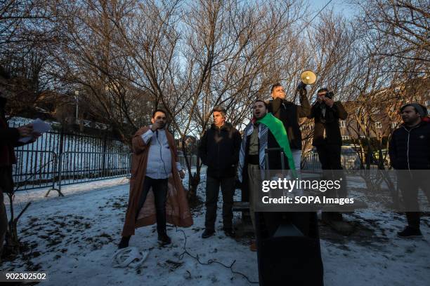 Protesters seen outside the Iranian Embassy, calling on the Norwegian Government to break its silence and condemn the killings and crackdown of...