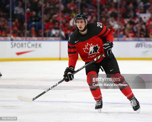 Michael McLeod of Canada in play against Sweden during the Gold medal game of the IIHF World Junior Championship at KeyBank Center on January 5, 2018...