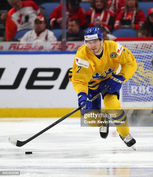 Timothy Liljegren of Sweden in play against Canada during the Gold medal game of the IIHF World Junior Championship at KeyBank Center on January 5,...