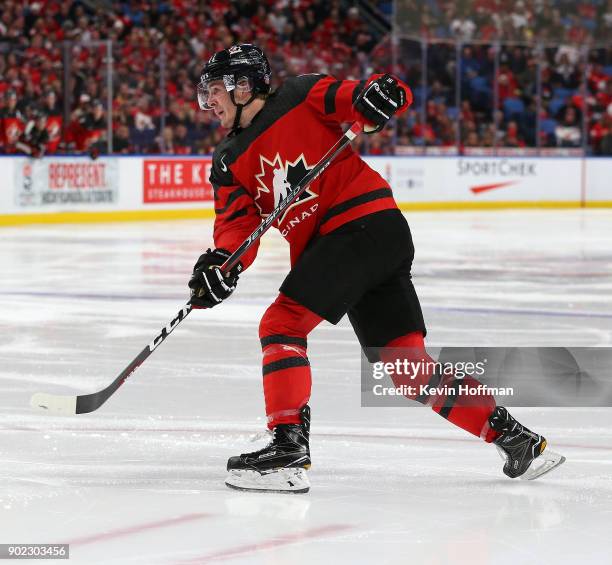 Taylor Raddysh of Canada in play against Sweden during the Gold medal game of the IIHF World Junior Championship at KeyBank Center on January 5, 2018...