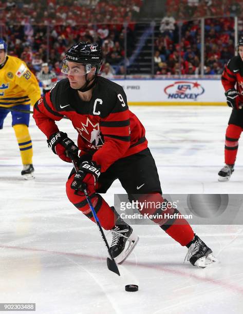 Dillon Dubé of Canada in play against Sweden during the Gold medal game of the IIHF World Junior Championship at KeyBank Center on January 5, 2018 in...