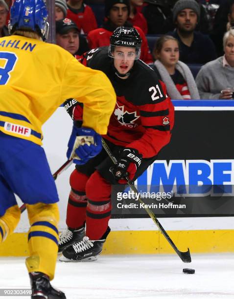 Brett Howden of Canada in play against Sweden during the Gold medal game of the IIHF World Junior Championship at KeyBank Center on January 5, 2018...
