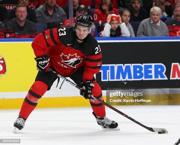 Sam Steel of Canada in play against Sweden during the Gold medal game of the IIHF World Junior Championship at KeyBank Center on January 5, 2018 in...
