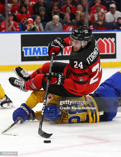 Alex Formenton of Canada in play against Sweden during the Gold medal game of the IIHF World Junior Championship at KeyBank Center on January 5, 2018...