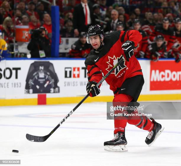 Conor Timmins of Canada in play against Sweden during the Gold medal game of the IIHF World Junior Championship at KeyBank Center on January 5, 2018...