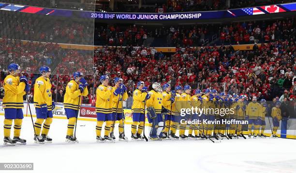 Team Sweden after losing against Canada during the Gold medal game of the IIHF World Junior Championship at KeyBank Center on January 5, 2018 in...