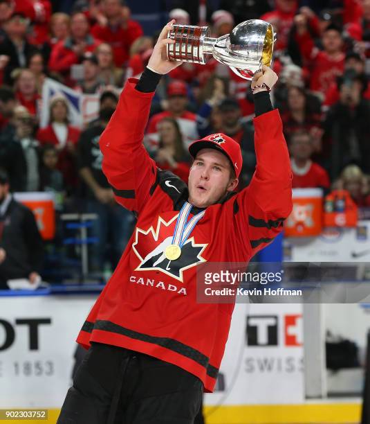 Taylor Raddysh of Canada with the tournament trophy after winning against Sweden during the Gold medal game of the IIHF World Junior Championship at...