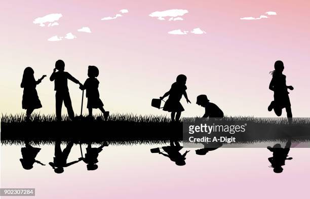 water reflection kids - one parent stock illustrations
