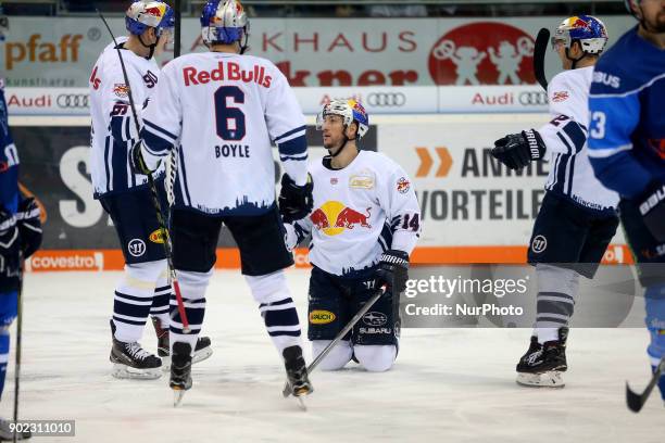 Rejoicing of Steve Pinizzotto of Red Bull Munich during the 40th game day of the German Ice Hockey League between ERC Ingolstadt and EHC Red Bull...