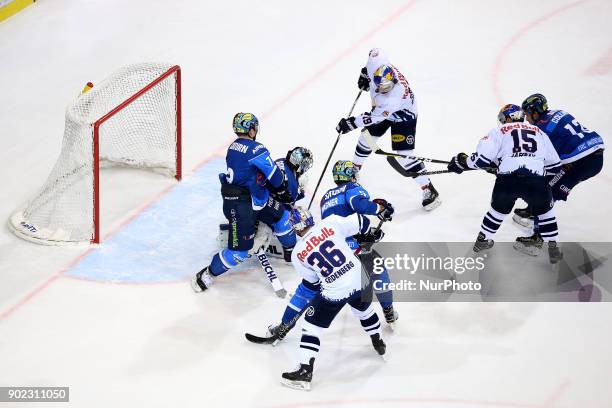 Jon Matsumoto of Red Bull Munich during the 40th game day of the German Ice Hockey League between ERC Ingolstadt and EHC Red Bull Munich in the...