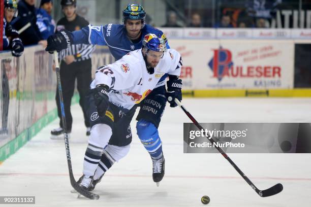 Brooks Macek of Red Bull Munich during the 40th game day of the German Ice Hockey League between ERC Ingolstadt and EHC Red Bull Munich in the Saturn...