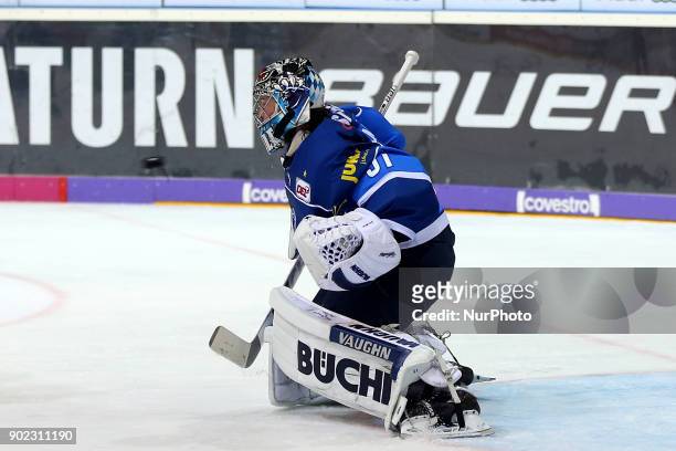 Timo Pielmeier of ERC Ingolstadt during the 40th game day of the German Ice Hockey League between ERC Ingolstadt and EHC Red Bull Munich in the...