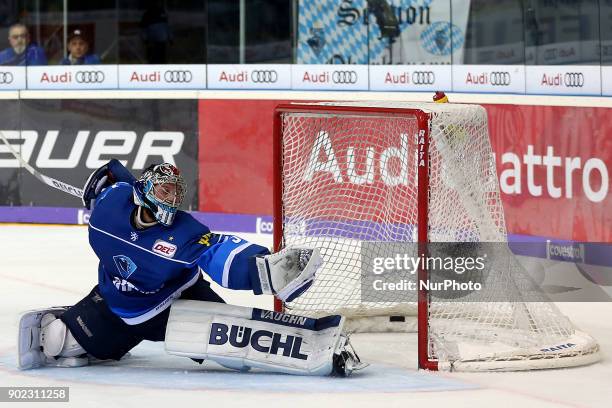 Timo Pielmeier of ERC Ingolstadt during the 40th game day of the German Ice Hockey League between ERC Ingolstadt and EHC Red Bull Munich in the...