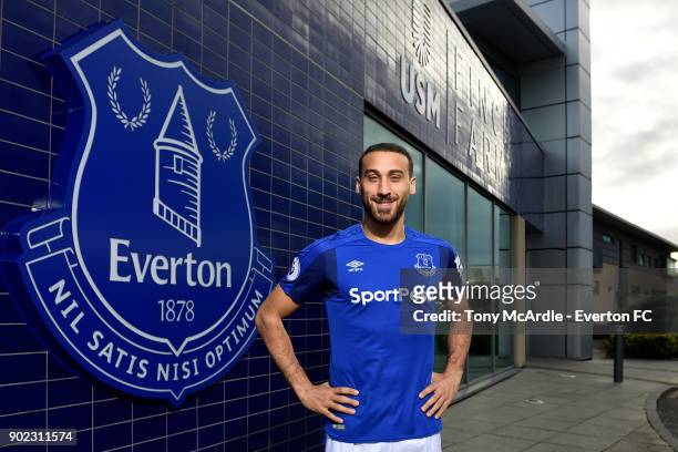 New Everton signing Cenk Tosun poses for a photo at USM Finch Farm on January 5, 2018 in Halewood, England.