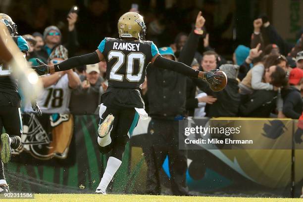 Jalen Ramsey of the Jacksonville Jaguars reacts to an interception during AFC Wild Card playoff game against the Buffalo Bills at EverBank Field on...