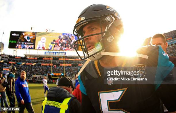 Blake Bortles of the Jacksonville Jaguars reacts after winning an AFC Wild Card playoff game against the Buffalo Bills at EverBank Field on January...