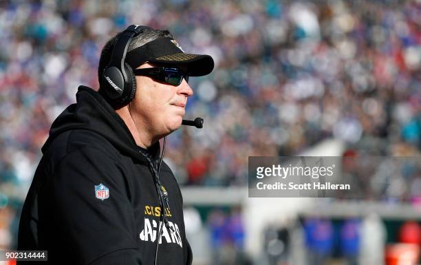 Jacksonville Jaguars head coach Doug Marrone watches the action in the second half of the AFC Wild Card Round game against the Buffalo Bills at...