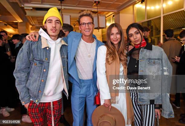 Hector Bellerin, Oliver Proudlock, Emma Louise Connolly and Shree Patel attend the Topman LFWM party at Mortimer House on January 7, 2018 in London,...