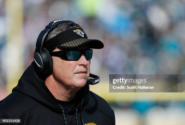 Jacksonville Jaguars head coach Doug Marrone watches the action in the second half of the AFC Wild Card Round game against the Buffalo Bills at...