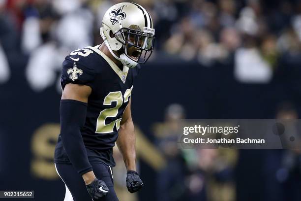Marshon Lattimore of the New Orleans Saints reacts during the first half of the NFC Wild Card playoff game against the Carolina Panthers at the...