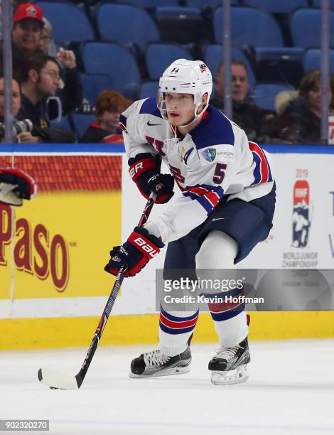 Ryan Lindgren of United States against Czech Republic during the Bronze Medal Game of the IIHF World Junior Championship at KeyBank Center on January...