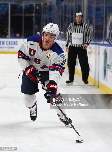 Josh Norris of United States against Czech Republic during the Bronze Medal Game of the IIHF World Junior Championship at KeyBank Center on January...