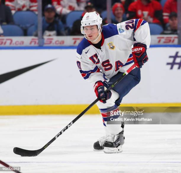 Andrew Peeke of United States against Czech Republic during the Bronze Medal Game of the IIHF World Junior Championship at KeyBank Center on January...