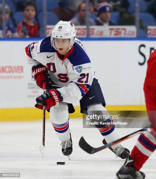 Patrick Harper of United States against Czech Republic during the Bronze Medal Game of the IIHF World Junior Championship at KeyBank Center on...