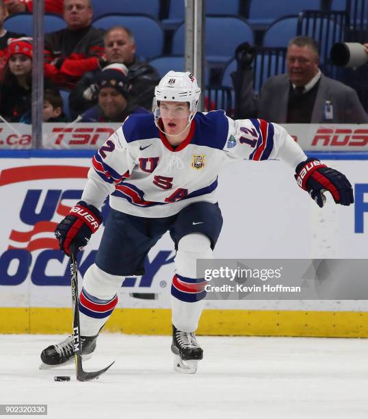 Dylan Samberg of United States against Czech Republic during the Bronze Medal Game of the IIHF World Junior Championship at KeyBank Center on January...