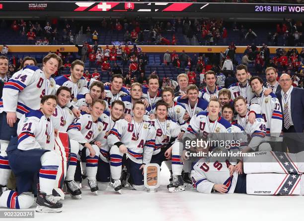 The United States team after winning the Bronze Medal Game against Czech Republic in the IIHF World Junior Championship at KeyBank Center on January...