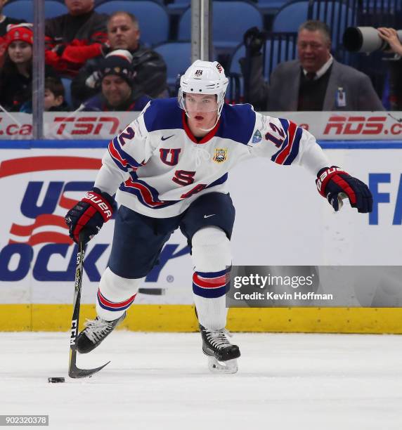 Dylan Samberg of United States against Czech Republic during the Bronze Medal Game of the IIHF World Junior Championship at KeyBank Center on January...