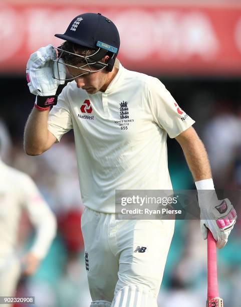 Joe Root of England reacts while batting during day four of the Fifth Test match in the 2017/18 Ashes Series between Australia and England at Sydney...