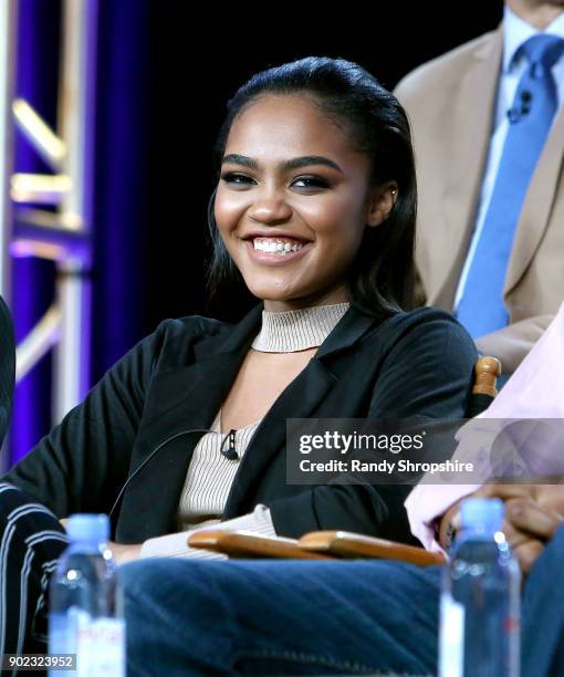 Actress China Anne McClain of the television show "Black Lightning" speaks on stage during the CW portion of the 2018 Winter Television Critics...