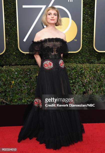 75th ANNUAL GOLDEN GLOBE AWARDS -- Pictured: Actor Alison Sudol arrives to the 75th Annual Golden Globe Awards held at the Beverly Hilton Hotel on...