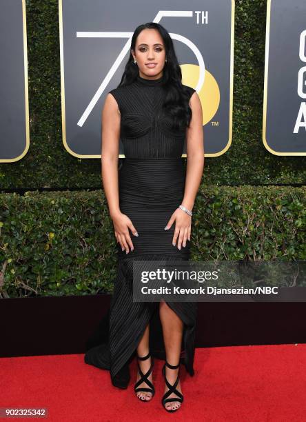 75th ANNUAL GOLDEN GLOBE AWARDS -- Pictured: Simone Garcia Johnson arrives to the 75th Annual Golden Globe Awards held at the Beverly Hilton Hotel on...