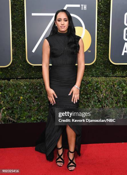 75th ANNUAL GOLDEN GLOBE AWARDS -- Pictured: Simone Garcia Johnson arrives to the 75th Annual Golden Globe Awards held at the Beverly Hilton Hotel on...