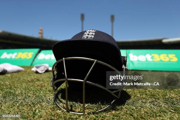 An England batsmens helmet is seen during day four of the Fifth Test match in the 2017/18 Ashes Series between Australia and England at Sydney...