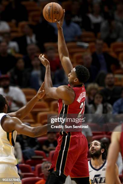 Miami Heat center Hassan Whiteside with a jump shot in the first half against the Utah Jazz on Sunday, Jan. 7, 2018 at the AmericanAirlines Arena in...