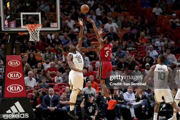 Miami Heat forward Derrick Jones Jr. With a jump shot in the first half against the Utah Jazz on Sunday, Jan. 7, 2018 at the AmericanAirlines Arena...