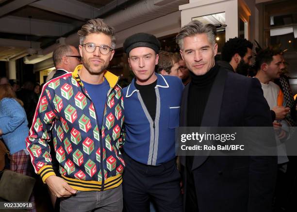 Darren Kennedy, Fletcher Cowan and Eric Rutherford attend the TOPMAN LFWM Party during London Fashion Week Men's January 2018 at Mortimer House on...