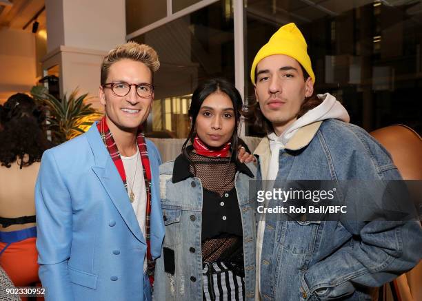 Oliver Proudlock, Shree Patel and Hector Bellerin attend the TOPMAN LFWM Party during London Fashion Week Men's January 2018 at Mortimer House on...